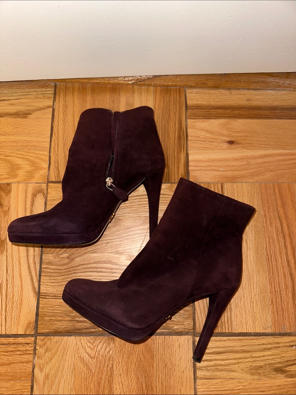 Prada Plum Suede High-Heel Ankle Boots Size 37.5 / US 7.5 .